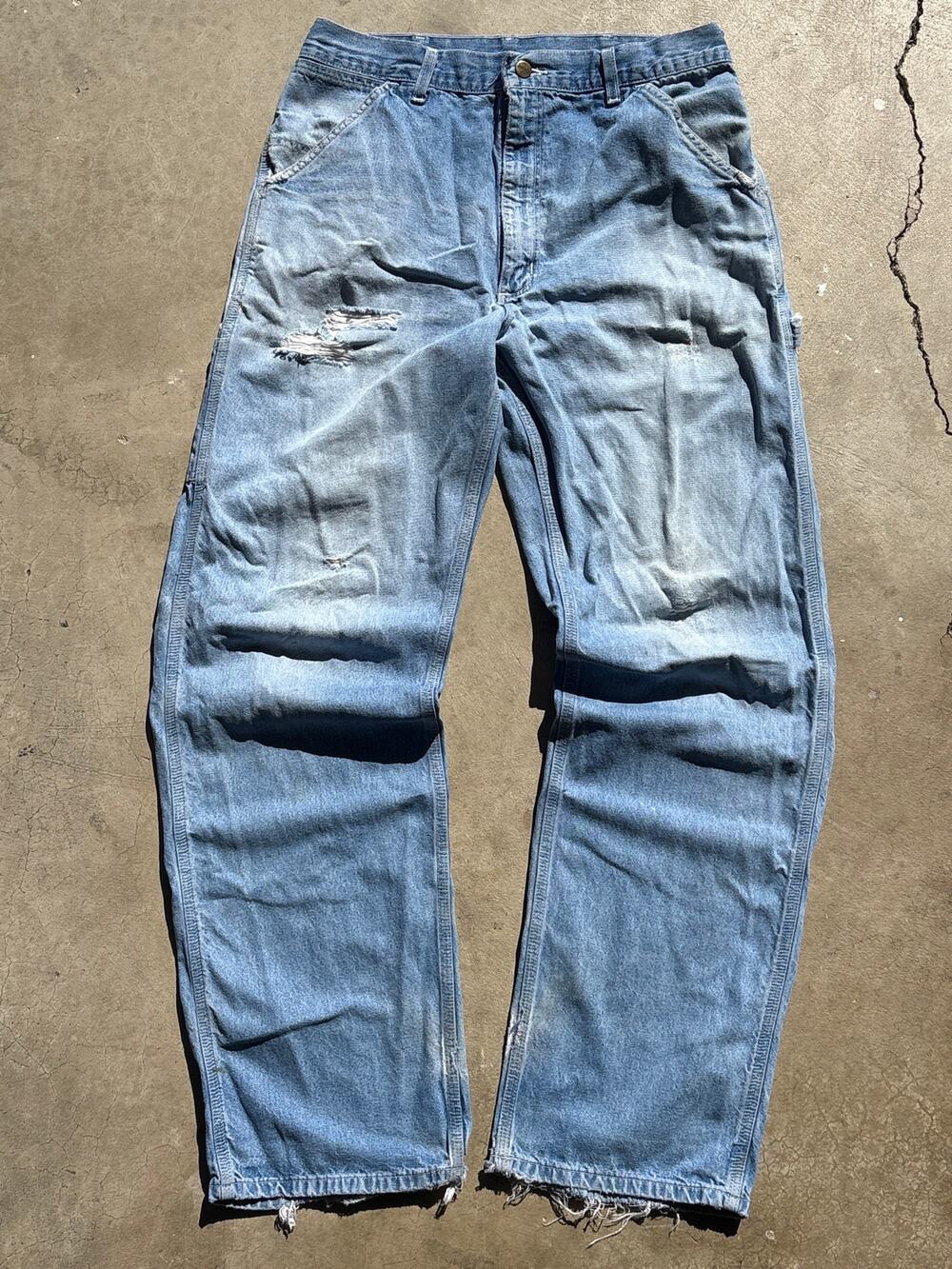 Vtg 99 Thrashed Carhartt B13DST blue carpenter denim pants 32x34 jeans distress
